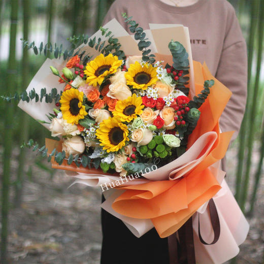 欢乐时光丨橙色玫瑰向日葵混合花束 商品图1