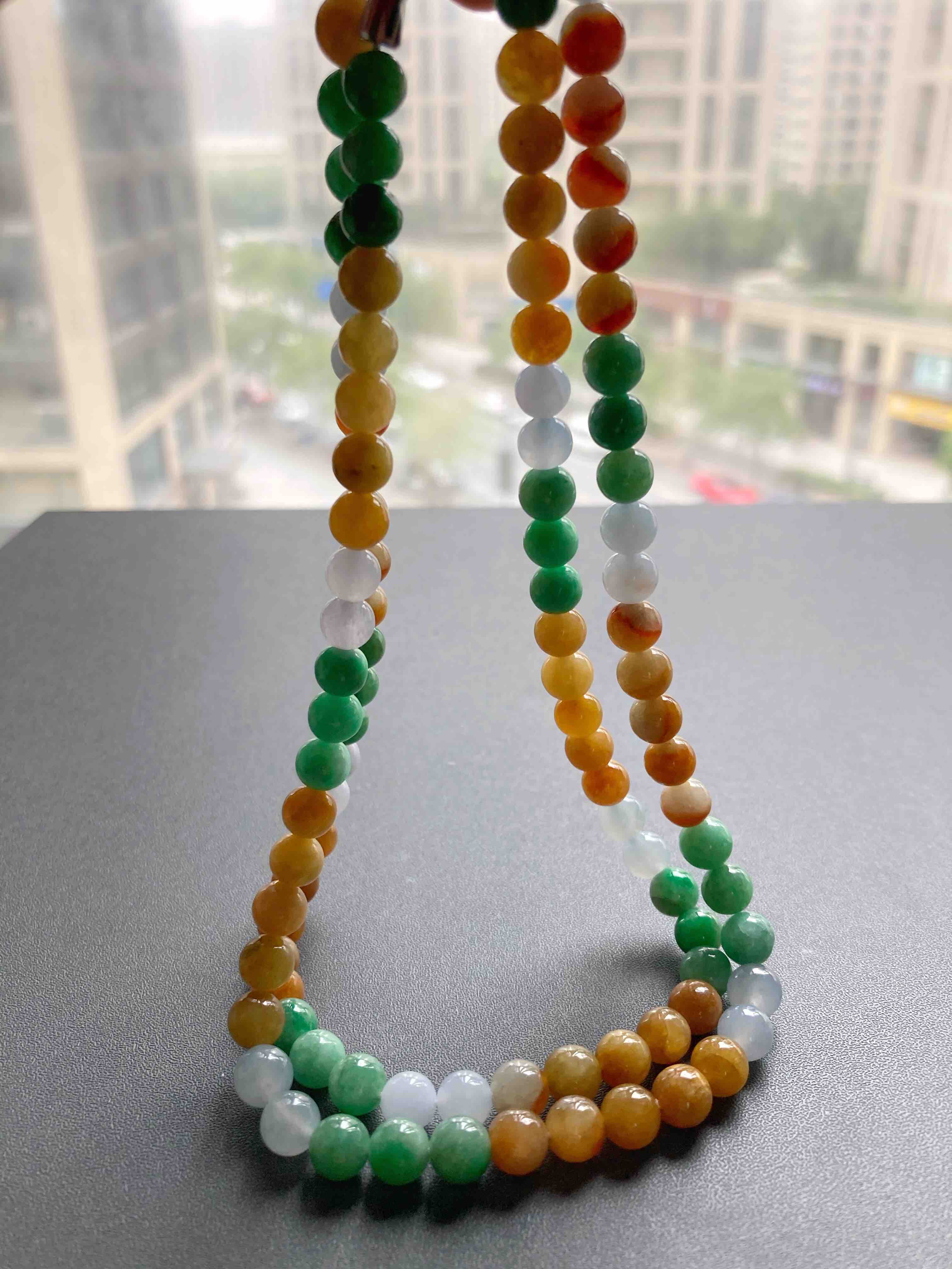 糯冰种三彩阳绿黄翡翡翠珠串108珠