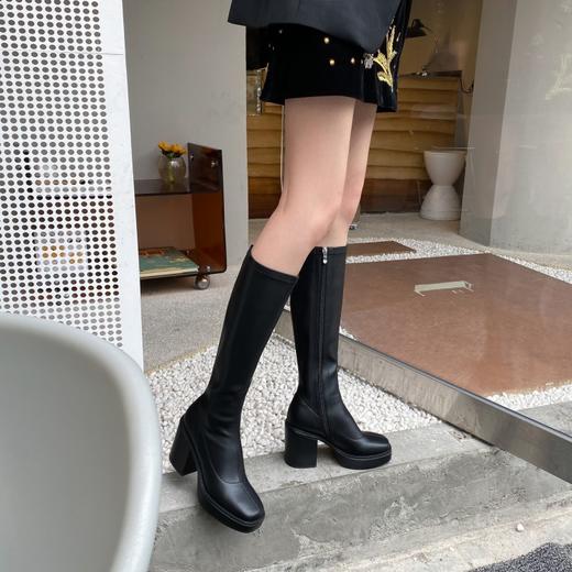 上海旗袍厂DQ-DQ886    秋冬新款弹力真皮方头粗跟时装靴侧拉链显瘦百搭高筒靴 商品图7