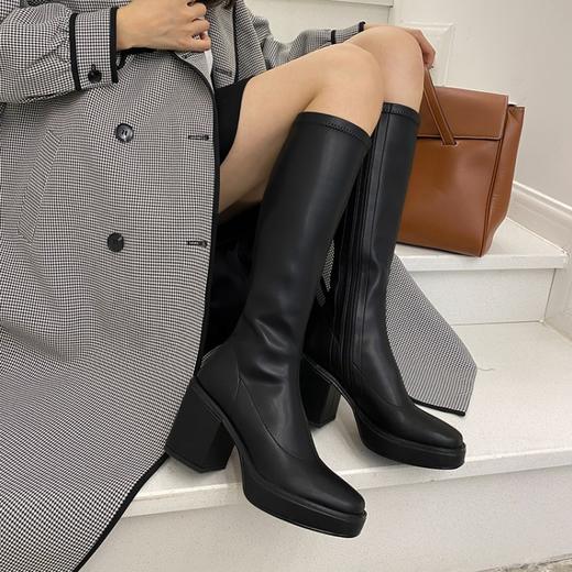 上海旗袍厂DQ-DQ886    秋冬新款弹力真皮方头粗跟时装靴侧拉链显瘦百搭高筒靴 商品图5