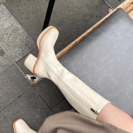 上海旗袍厂DQ-DQ886    秋冬新款弹力真皮方头粗跟时装靴侧拉链显瘦百搭高筒靴 商品图4