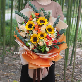 欢乐时光丨橙色玫瑰向日葵混合花束