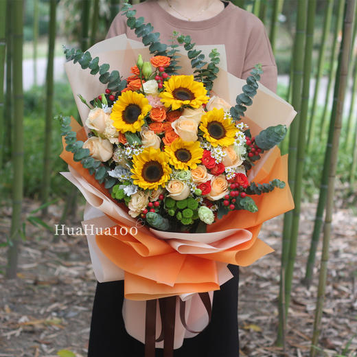欢乐时光丨橙色玫瑰向日葵混合花束 商品图0