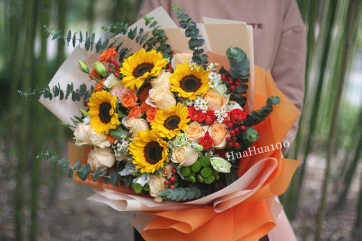 欢乐时光丨橙色玫瑰向日葵混合花束 商品图3