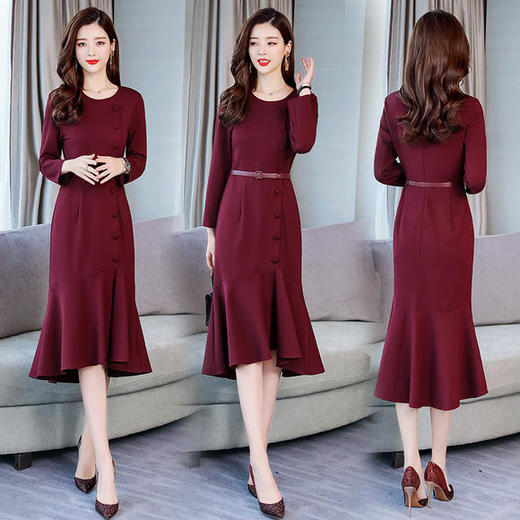 WZNH-BBL8112-1新款纯色长袖修身百搭圆领连衣裙 商品图0