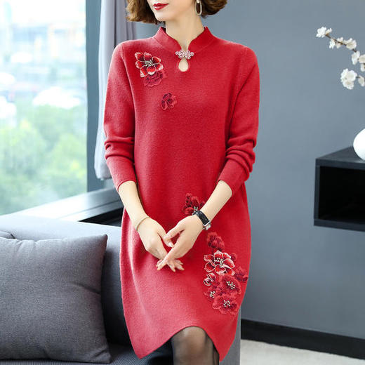 QY-8545秋冬装裙子气质连衣裙2020新款中老年女装羊毛毛衣裙 商品图1
