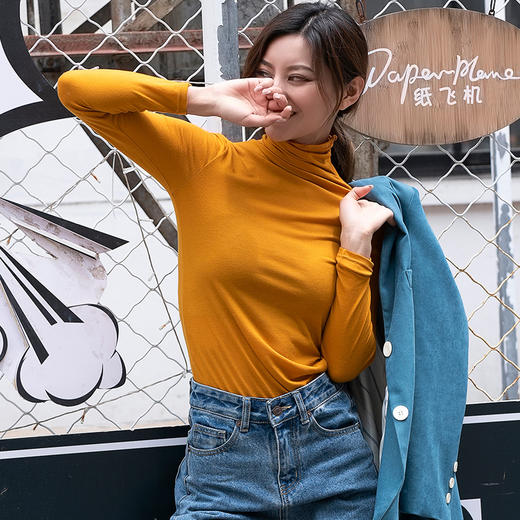 秋季新款女式一字圆领高领打底衫膨体德绒双面磨毛百搭长袖T恤女 商品图1
