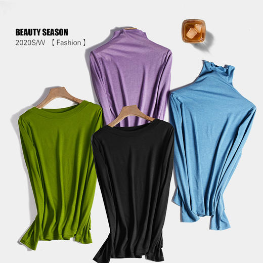 秋季新款女式一字圆领高领打底衫膨体德绒双面磨毛百搭长袖T恤女 商品图2