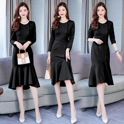 WZNH-BBL8112-1新款纯色长袖修身百搭圆领连衣裙 商品图3