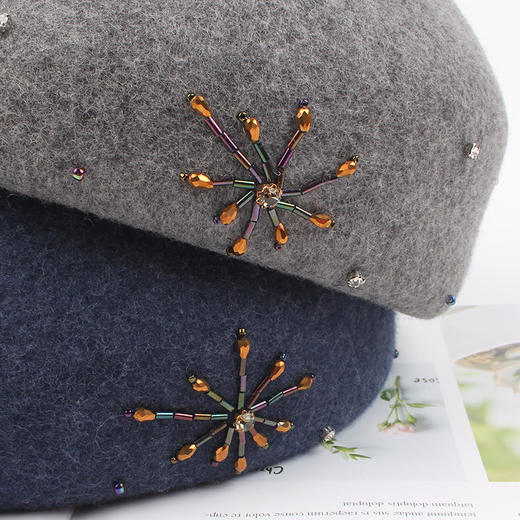 JSYP-冬季新款时尚手缝水钻钉珠礼帽韩版复古优雅羊毛呢贝雷帽 商品图2