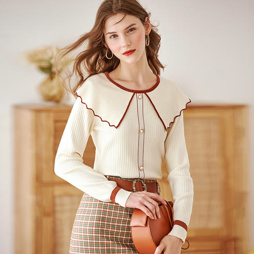 欧芮儿名媛风大翻领套头针织衫女新品长袖修身打底衫女 商品图1