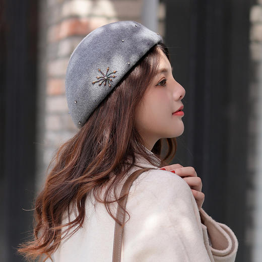 JSYP-冬季新款时尚手缝水钻钉珠礼帽韩版复古优雅羊毛呢贝雷帽 商品图3