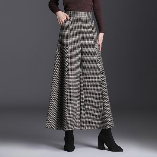 QJBH-HWM60195格子毛呢阔腿裤高腰垂感大脚甩裤宽松九分裙裤 商品图2