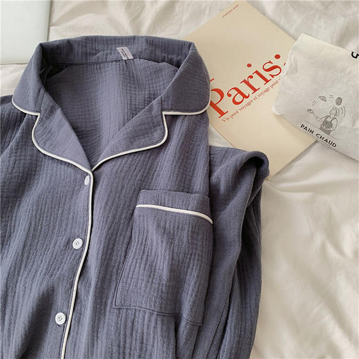 纯棉纱布长袖睡衣女秋季套装学生ins风宽松纯色家居服长裤两件套 商品图3