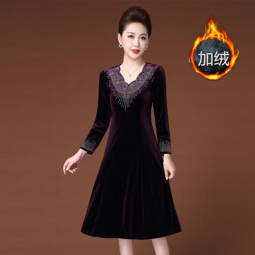 JY-JY201冬装新款V领红色丝绒气质高贵大码妈妈装旗袍加绒连衣裙 商品图0