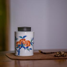 茶道配件-茶叶罐-青花斗彩锡口随身仓