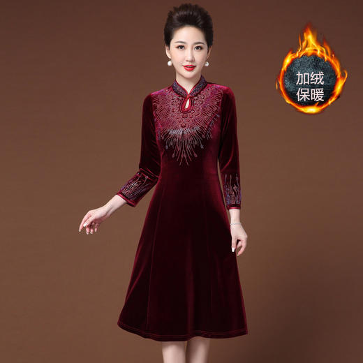 JY-JY211金丝绒复古气质大码妈妈婚宴礼服加绒连衣裙旗袍 商品图0