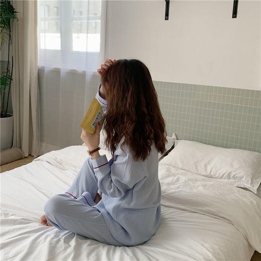 纯棉纱布长袖睡衣女秋季套装学生ins风宽松纯色家居服长裤两件套 商品图4