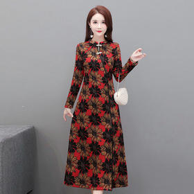 YWE-LFDS-KL20B239新款复古优雅修身印花打底连衣裙