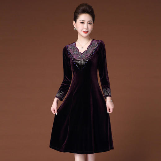 JY-JY201冬装新款V领红色丝绒气质高贵大码妈妈装旗袍加绒连衣裙 商品图1