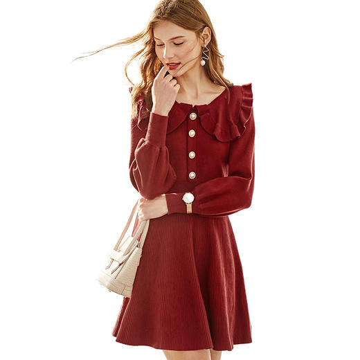 欧芮儿长袖针织连衣裙女气质显瘦收腰2021冬季新品中长款A字裙ins 商品图3