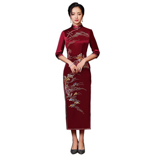 上海旗袍厂LHS-1006高端刺绣婚庆喜妈妈旗袍 丈母娘婚礼服 高贵秋装改良版旗袍连衣裙 商品图4