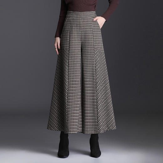 QJBH-HWM60195格子毛呢阔腿裤高腰垂感大脚甩裤宽松九分裙裤 商品图0