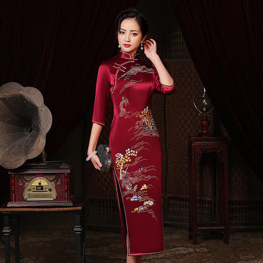 上海旗袍厂LHS-1006高端刺绣婚庆喜妈妈旗袍 丈母娘婚礼服 高贵秋装改良版旗袍连衣裙 商品图1