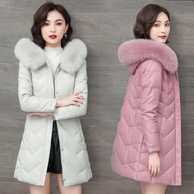 NQS-Q210羊皮真皮羽绒服女式中长款大码皮草连帽毛领外套秋冬显瘦皮衣