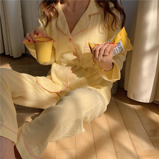 纯棉纱布长袖睡衣女秋季套装学生ins风宽松纯色家居服长裤两件套 商品图1