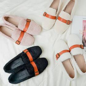 温暖毛毛鞋 4色可选 质感貂毛 可爱圆头 时尚金属马衔扣 柔软内里垫脚 防滑纹设计