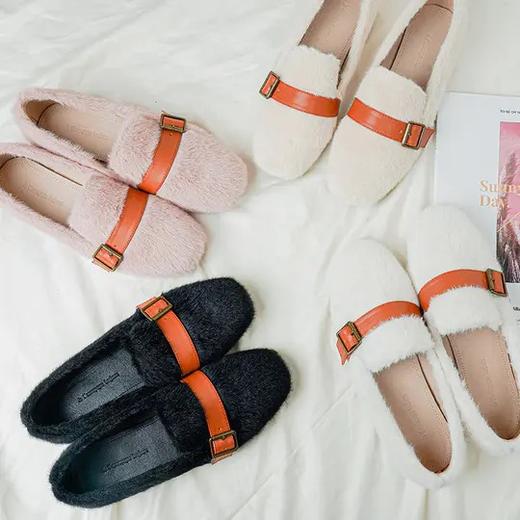 温暖毛毛鞋 4色可选 质感貂毛 可爱圆头 时尚金属马衔扣 柔软内里垫脚 防滑纹设计 商品图0