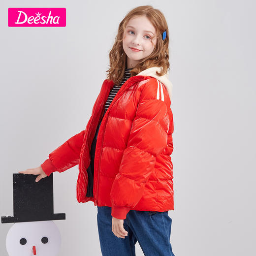 笛莎童装女童外套2020冬新款中大童儿童时尚撞色织带短款羽绒服 商品图1