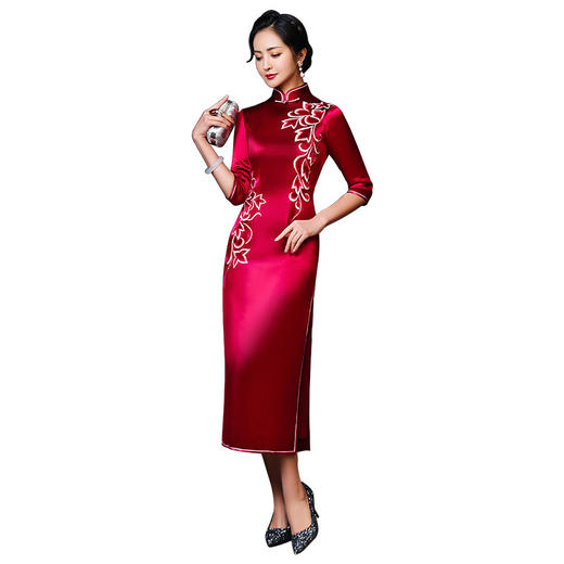 上海旗袍厂LHS-1007丈母娘婚礼服高贵酒红色洋气新娘结婚妈妈装喜婆婆旗袍婚宴装秋冬 商品图4