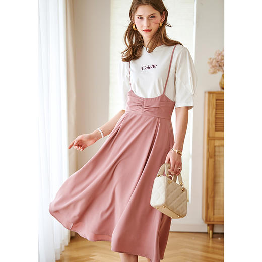 欧芮儿吊带半身裙中长款女高腰显瘦年新款粉色减龄背带裙 商品图1