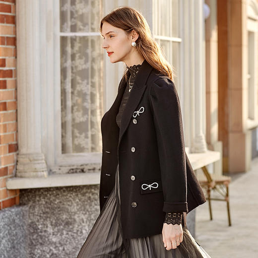 OLrain欧芮儿法式黑色双面呢毛呢外套女秋冬短款羊毛大衣 商品图1