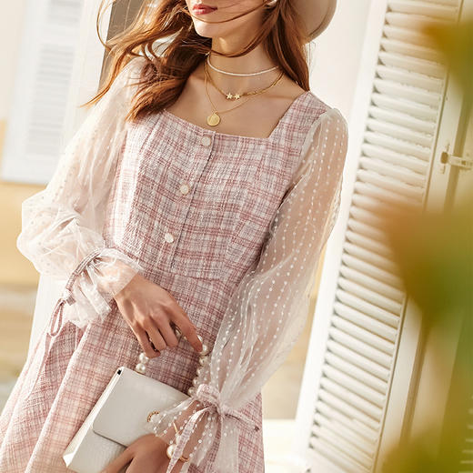 欧芮儿法式优雅网纱拼接格子连衣裙女方领中长裙女 商品图2