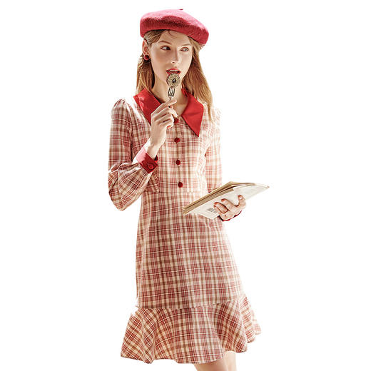 欧芮儿复古格子衬衫领连衣裙女新荷叶边裙摆长袖鱼尾裙女 商品图3