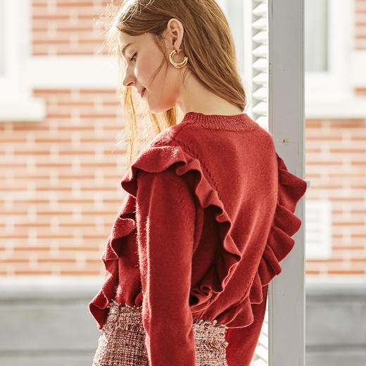 欧芮儿酒红色毛衣女新款圆领荷叶边套头打底衫内搭上衣 商品图3