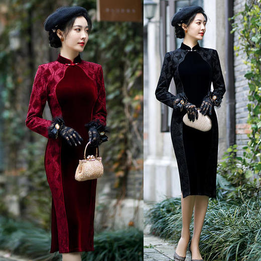 SYK-281039冬季新款时尚改良蕾丝丝绒拼接中长款旗袍 商品图0