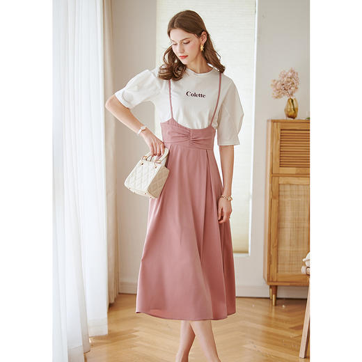 欧芮儿吊带半身裙中长款女高腰显瘦年新款粉色减龄背带裙 商品图2