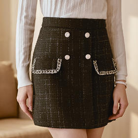 欧芮儿轻熟型高腰半身裙女新款编织修身A字短裙小黑裙