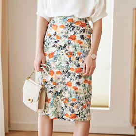 欧芮儿印花半身裙中长款女高腰显瘦新款后开叉a字包臀裙
