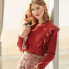欧芮儿酒红色毛衣女新款圆领荷叶边套头打底衫内搭上衣 商品缩略图2