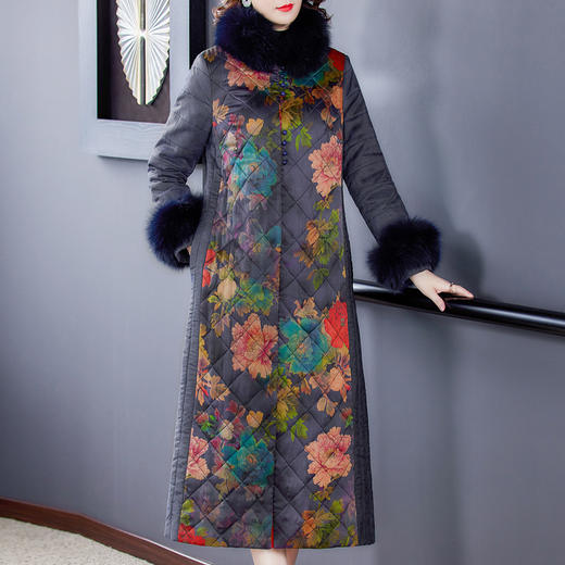 AHM-qw9089狐狸毛领外套棉衣长袖中长款时尚气质优雅显瘦复古大衣 商品图0