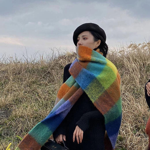 ins秋冬季马海毛拼色彩虹围巾女英伦风格子保暖长款披肩围脖学生 商品图2