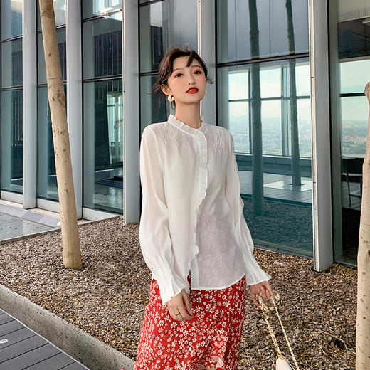 欧芮儿荷叶边长袖雪纺衬衫女早新品喇叭袖衬衣百搭白色上衣 商品图3