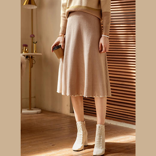 欧芮儿复古高腰显瘦毛织半身裙女新款中长款A字型伞裙 商品图2