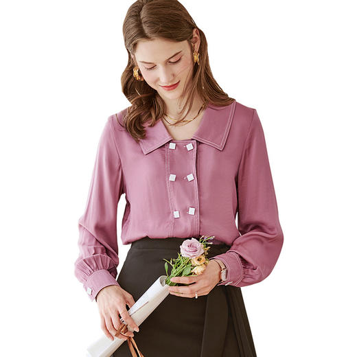 欧芮儿长袖衬衫女新款韩版百搭玫红色衬衣设计感小众上衣 商品图4