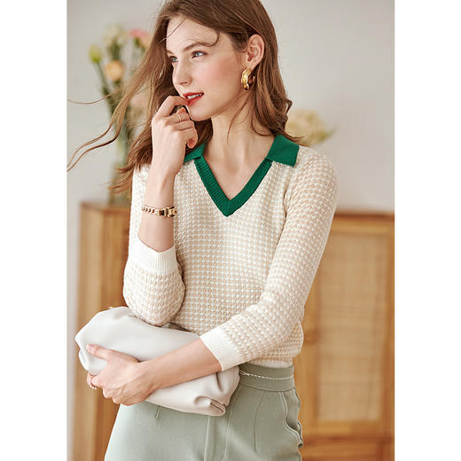 欧芮儿V领七分袖针织衫薄款上衣女新款百搭上衣 商品图1